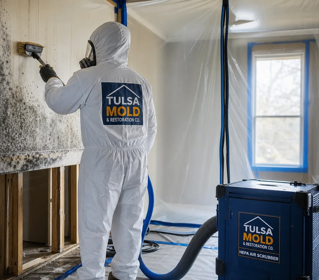 Technician in PPE performing controlled mold removal in a Tulsa home with containment and a HEPA air scrubber
