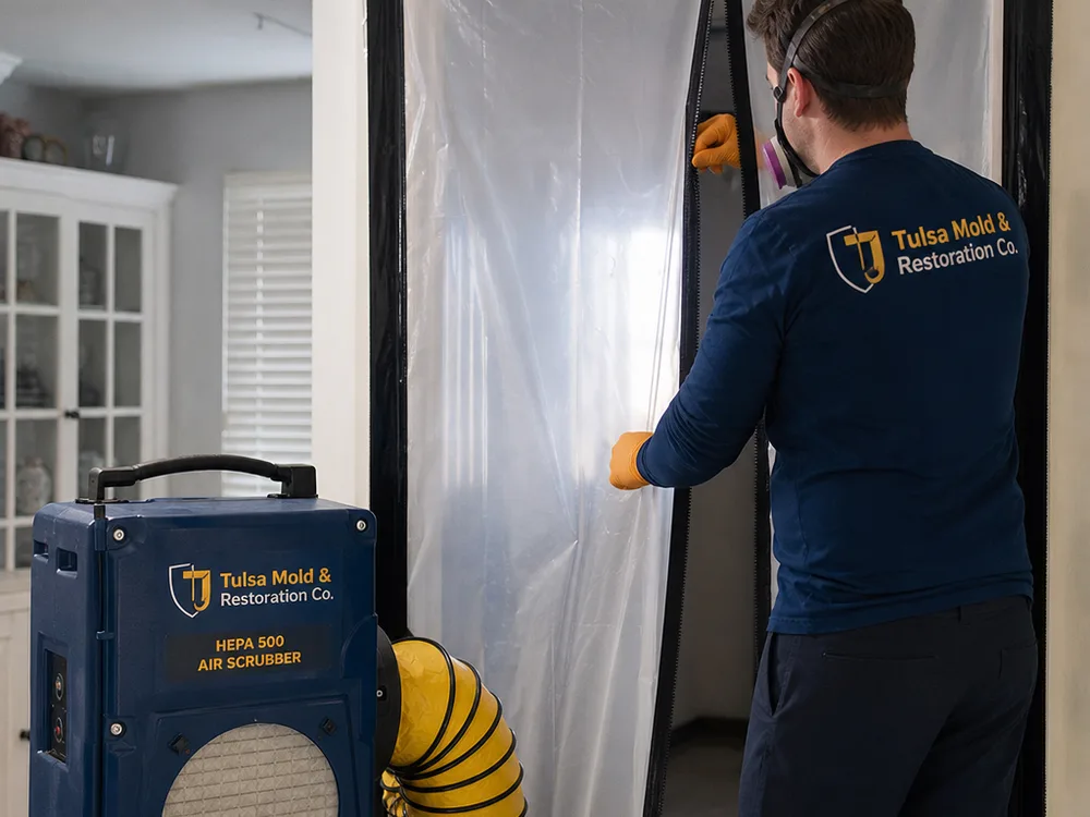 Residential containment doorway with zipper access and a HEPA-filtered negative air setup