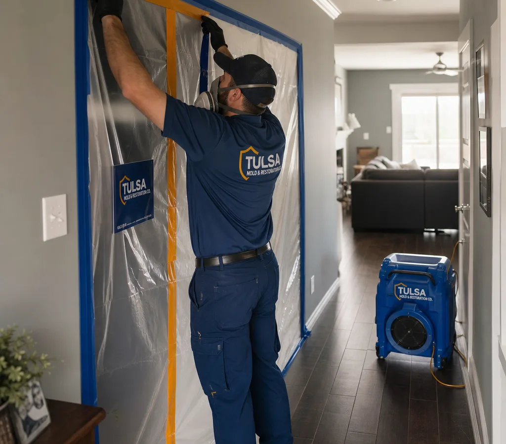 Technician in protective gear setting up sealed containment in a Tulsa home hallway with a negative air machine