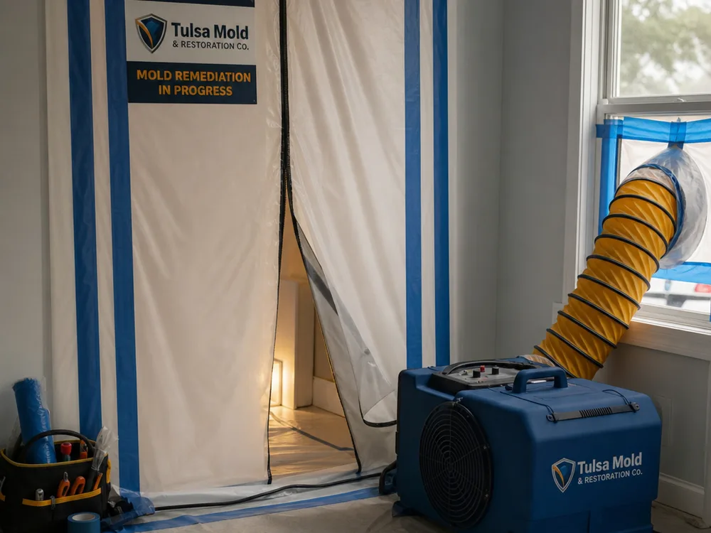Sealed zipper containment doorway and HEPA negative air machine during mold remediation