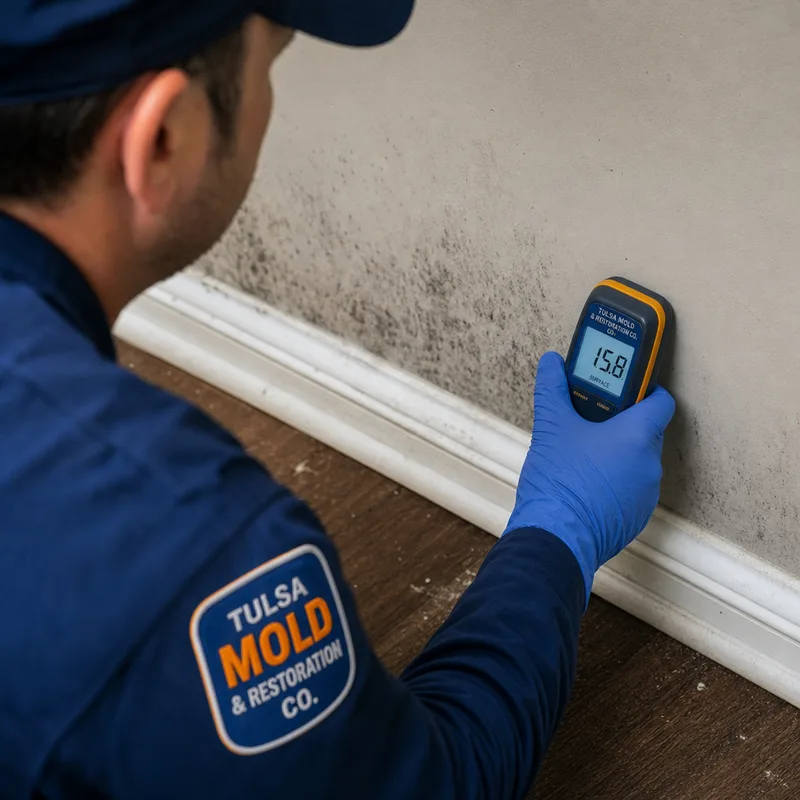 Technician using a pinless moisture meter on drywall near a baseboard during a mold inspection