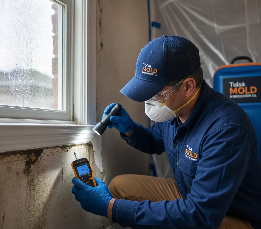 Certified mold inspector using a moisture meter near a window with signs of past water intrusion in a Tulsa home