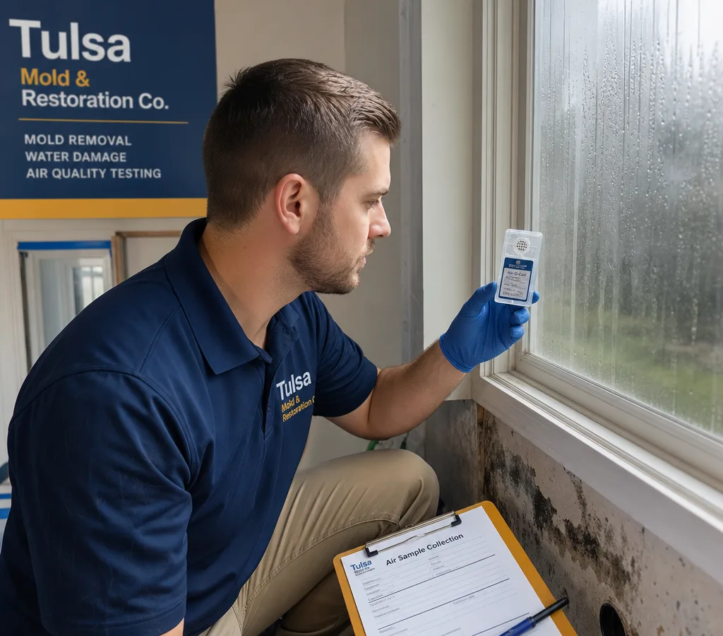 Certified inspector collecting an air sample near a window with visible condensation in a Tulsa home