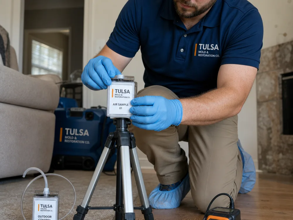 Inspector placing an air sampling cassette on a tripod beside an outdoor control cassette and moisture meter