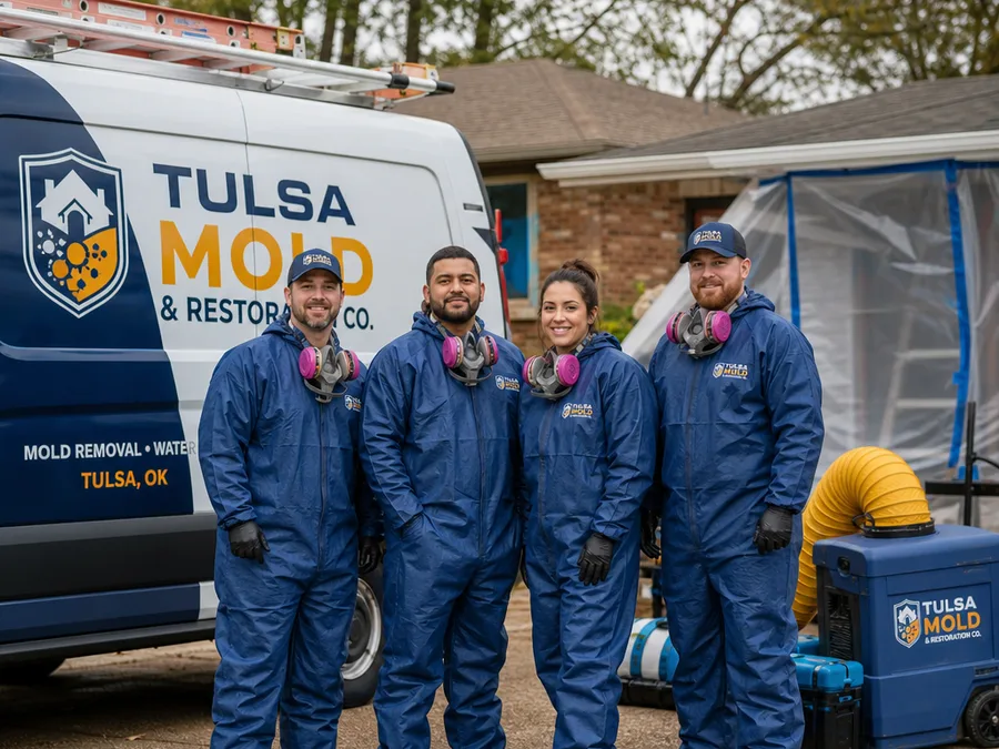 Tulsa Mold and Restoration Co. crew in PPE beside their service vehicle with containment and HEPA equipment